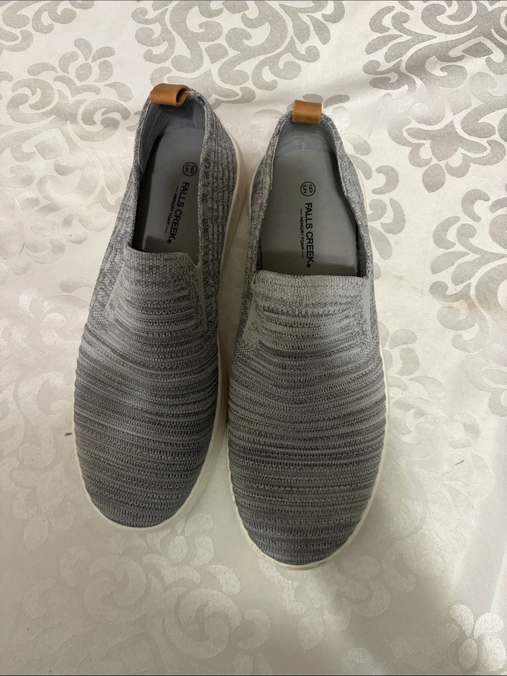 Falls Creek Gray Knit Slip-On Wedges with Tan Pull Tabs